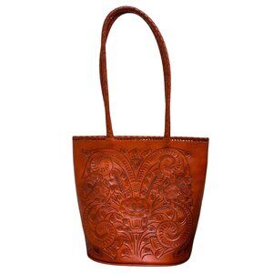 Alexis David Handcrafted Embossed Leather Shoulder Bag With Floral Design Orange